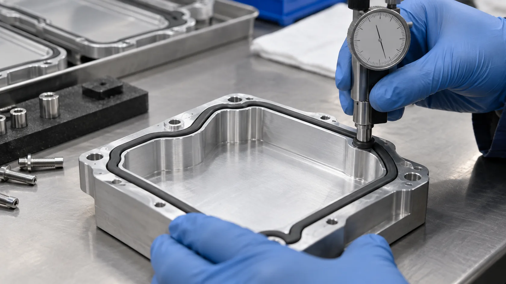 Close-up inspection of gasket compression on an enclosure cover