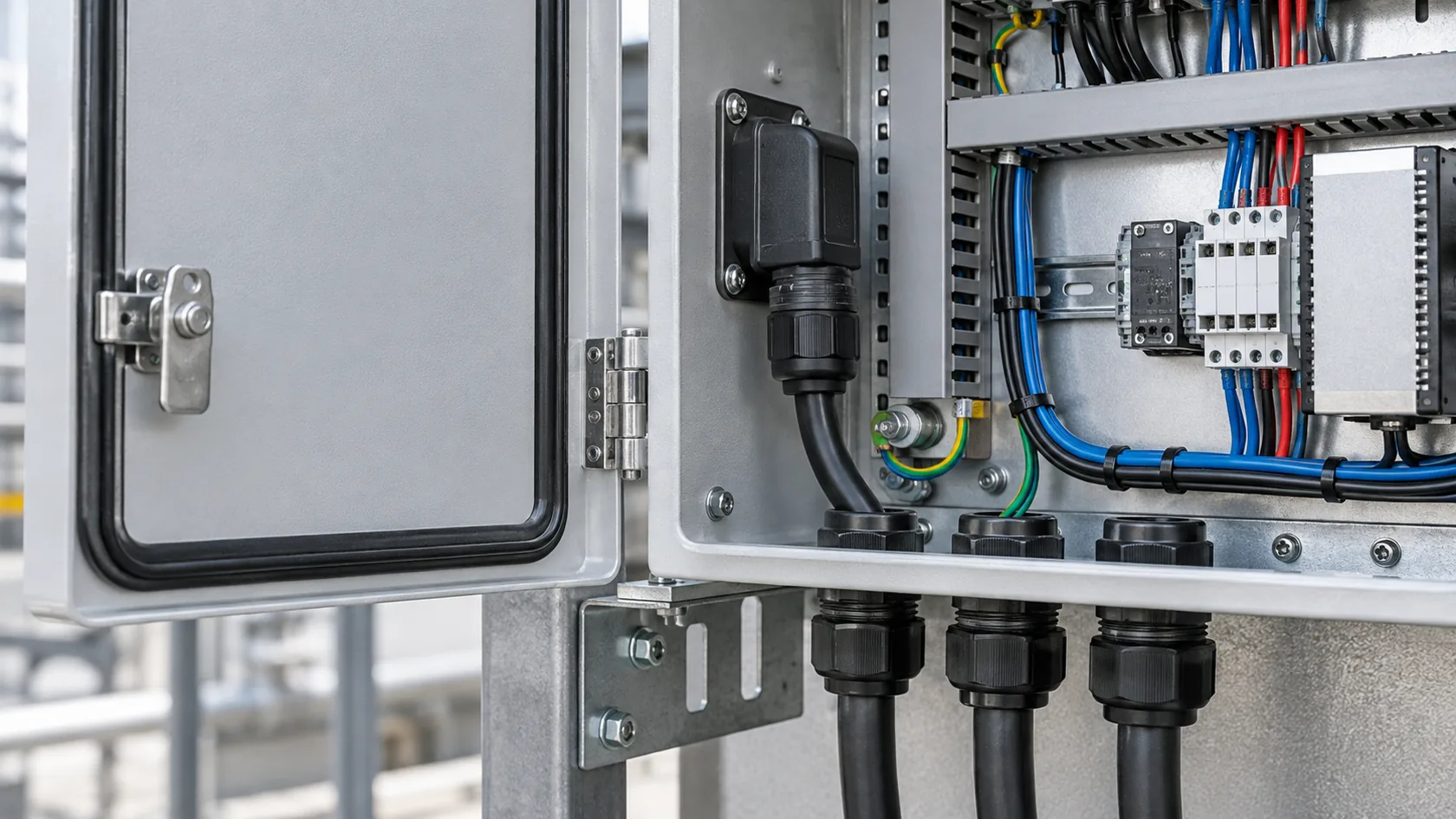 Custom electrical enclosure with gasket, cable glands, and sealed connector