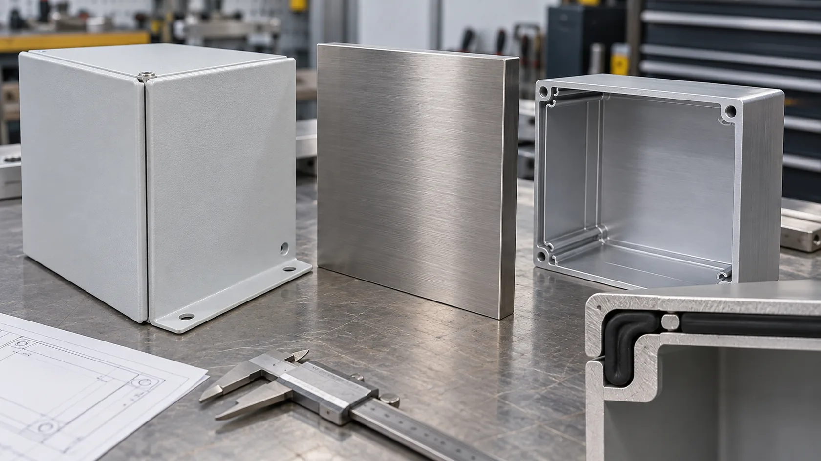 Coated steel stainless steel and aluminum enclosure materials on an engineering bench