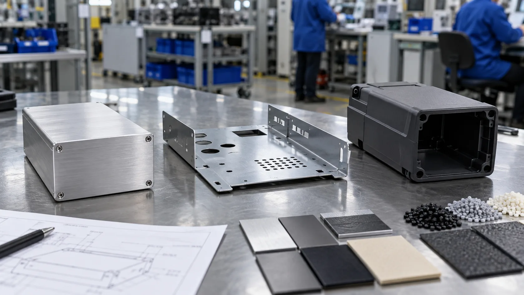 Aluminum, steel, and plastic electronic enclosure material samples