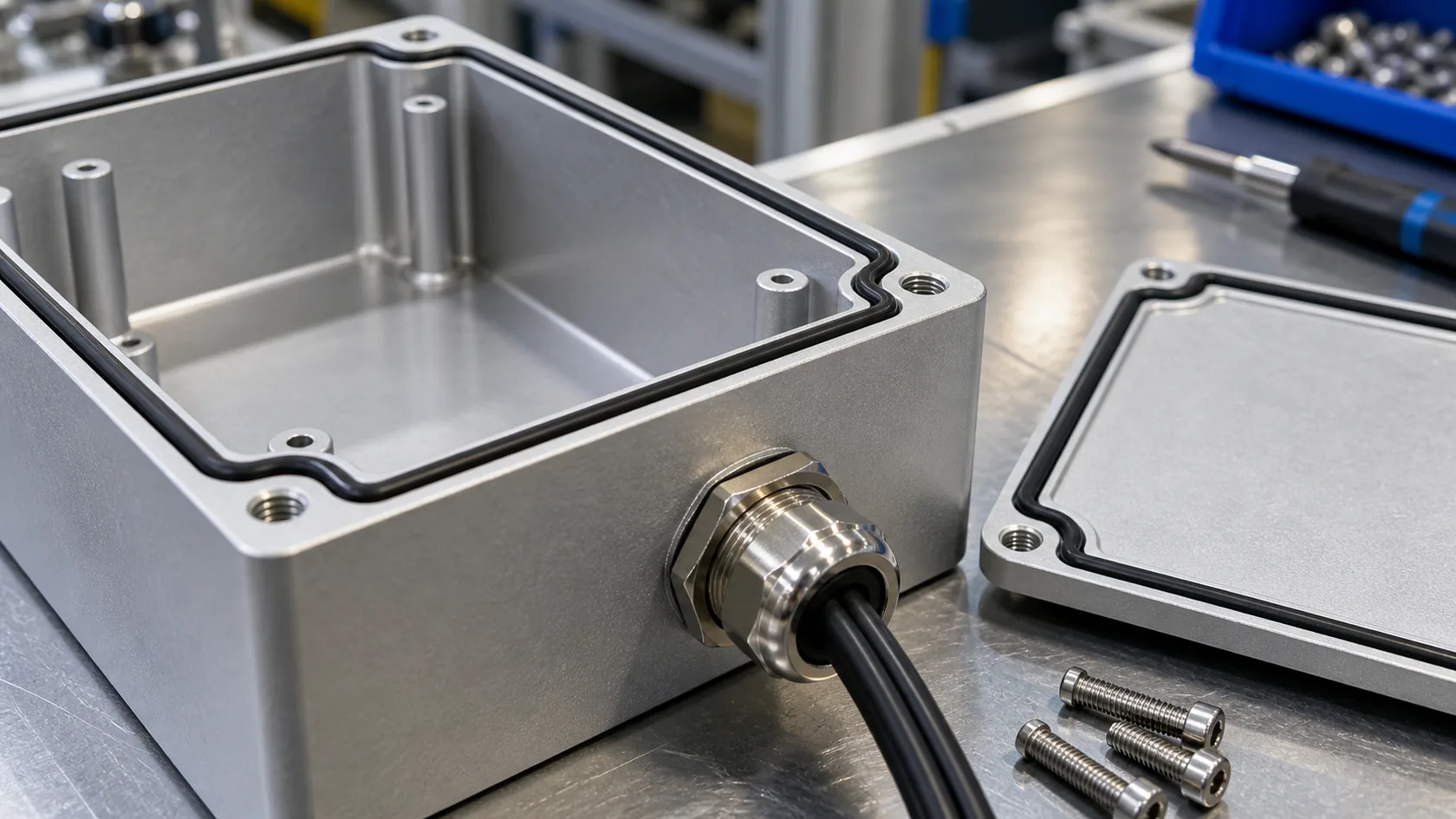 Close view of enclosure gasket groove, cover joint, fasteners, and cable gland seal path