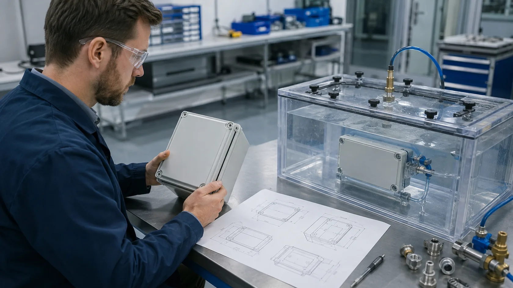 Engineer comparing a sealed enclosure sample, drawing, and laboratory water-test fixture