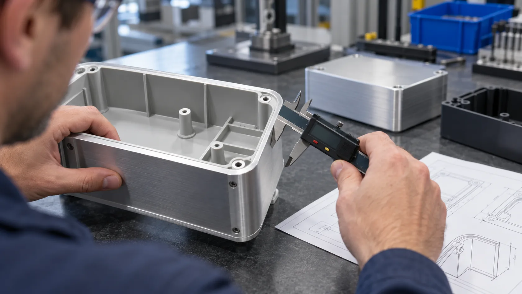 Close inspection of enclosure wall thickness, ribs, and corner radii