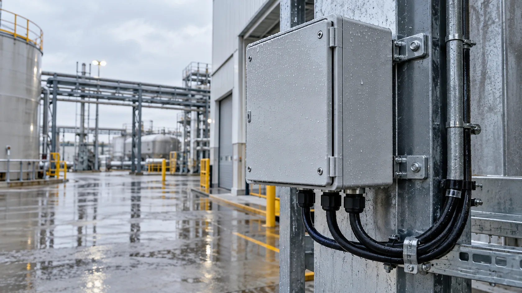 Outdoor industrial enclosure showing cable glands and mounting clearance