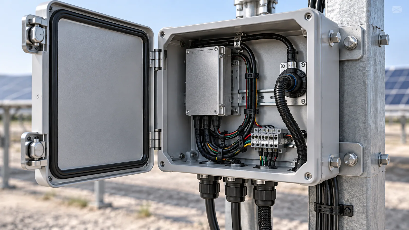 Custom enclosure with gasketed door, cable glands, sealed connector, and mounting bracket