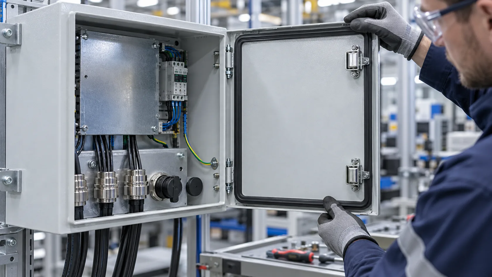 Industrial enclosure gasket cable glands and latches checked during assembly