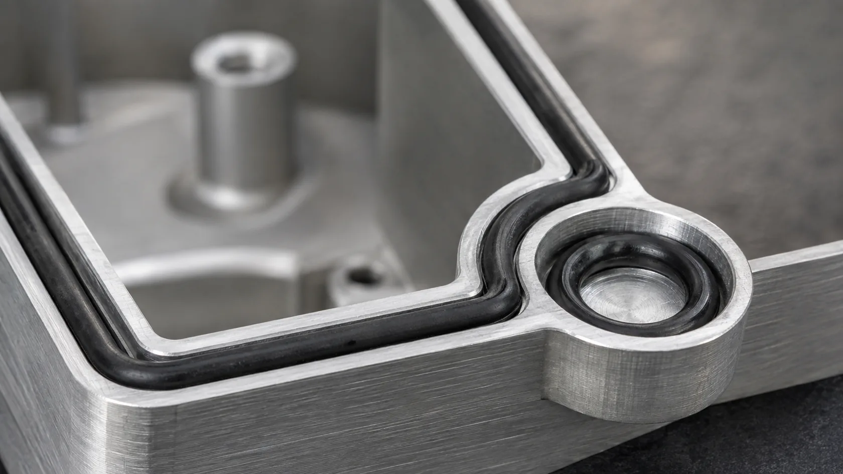 Molded EPDM gasket and O-ring seated in machined aluminum enclosure grooves