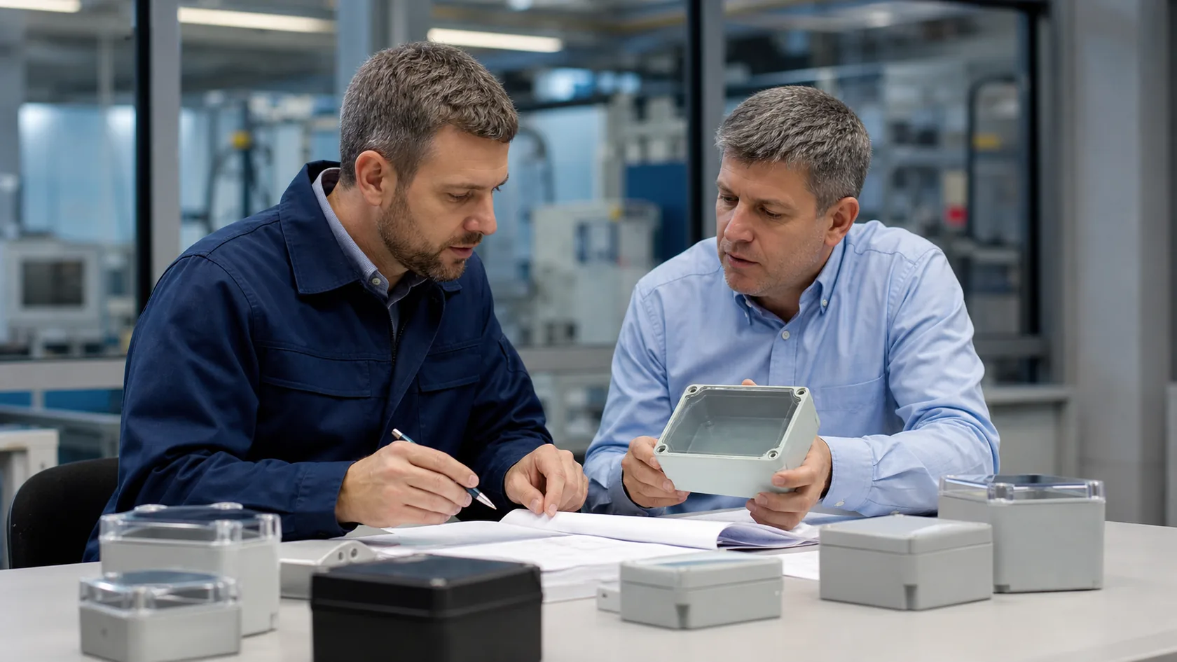 Engineering team reviewing IP and NEMA enclosure rating documents