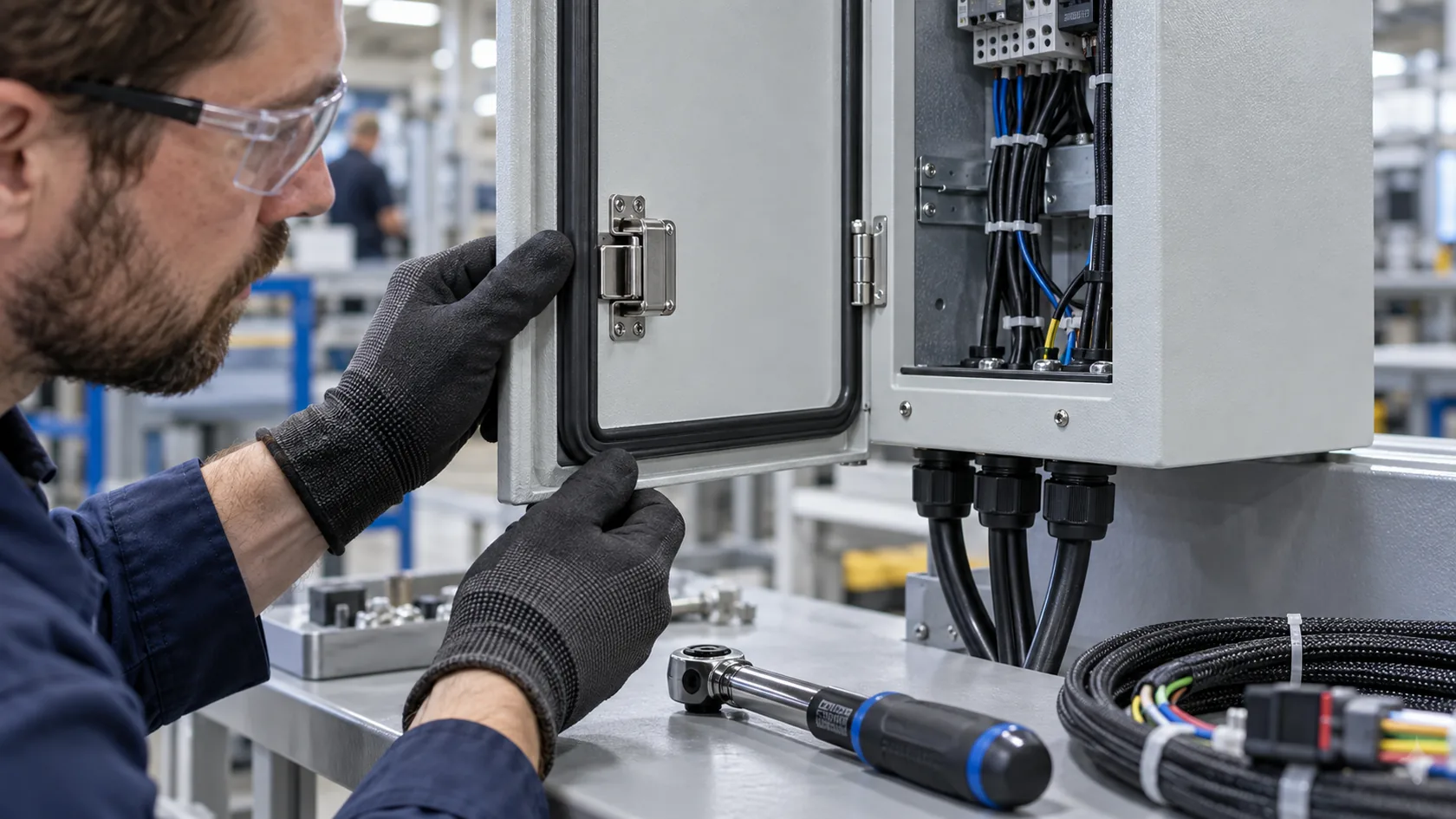 Quality inspection of enclosure gasket, latch, and cable glands