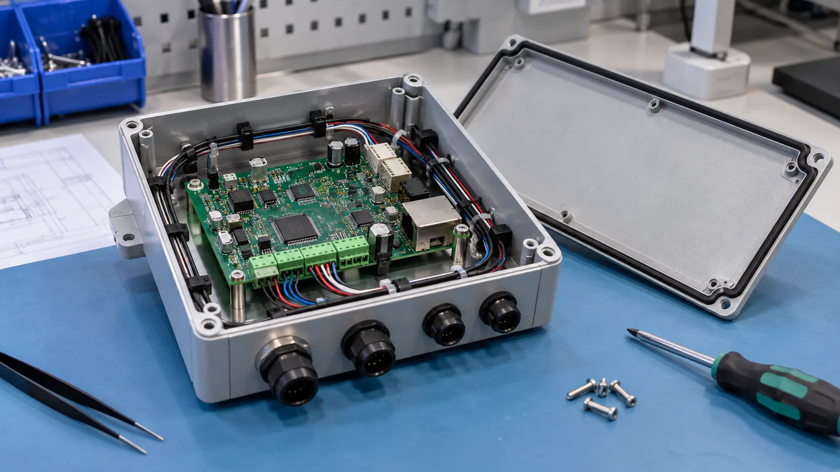 Open electronic enclosure showing PCB connectors and cable clearance