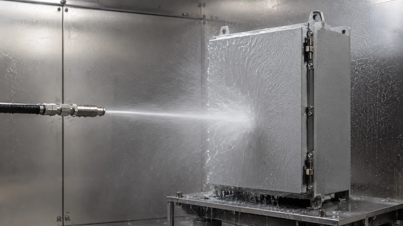 Controlled water jet applied to a closed aluminum electrical enclosure in an ingress-test chamber