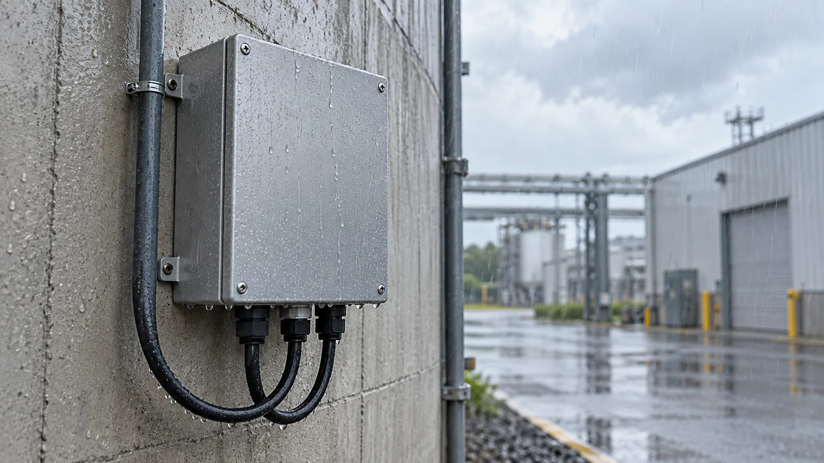 Wall-mounted outdoor electrical enclosure exposed to controlled rain with protected cable entries