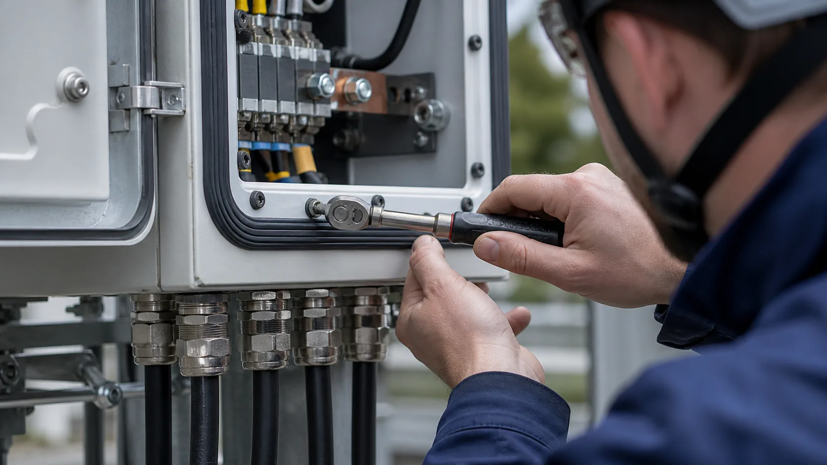 Technician inspecting gasket groove, cable glands, connectors, and fasteners on a sealed enclosure