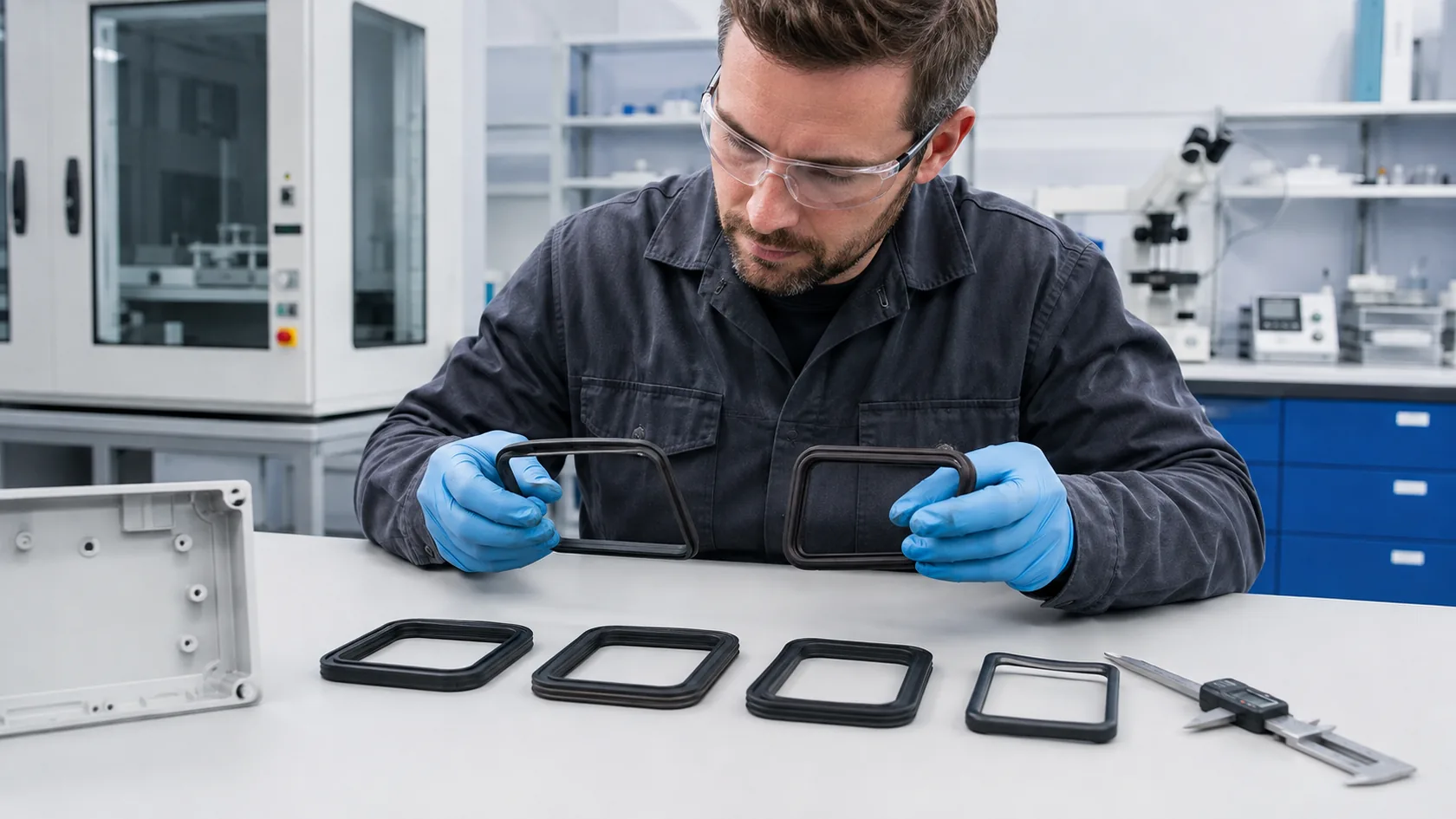 Quality technician comparing EPDM silicone nitrile and neoprene gasket samples
