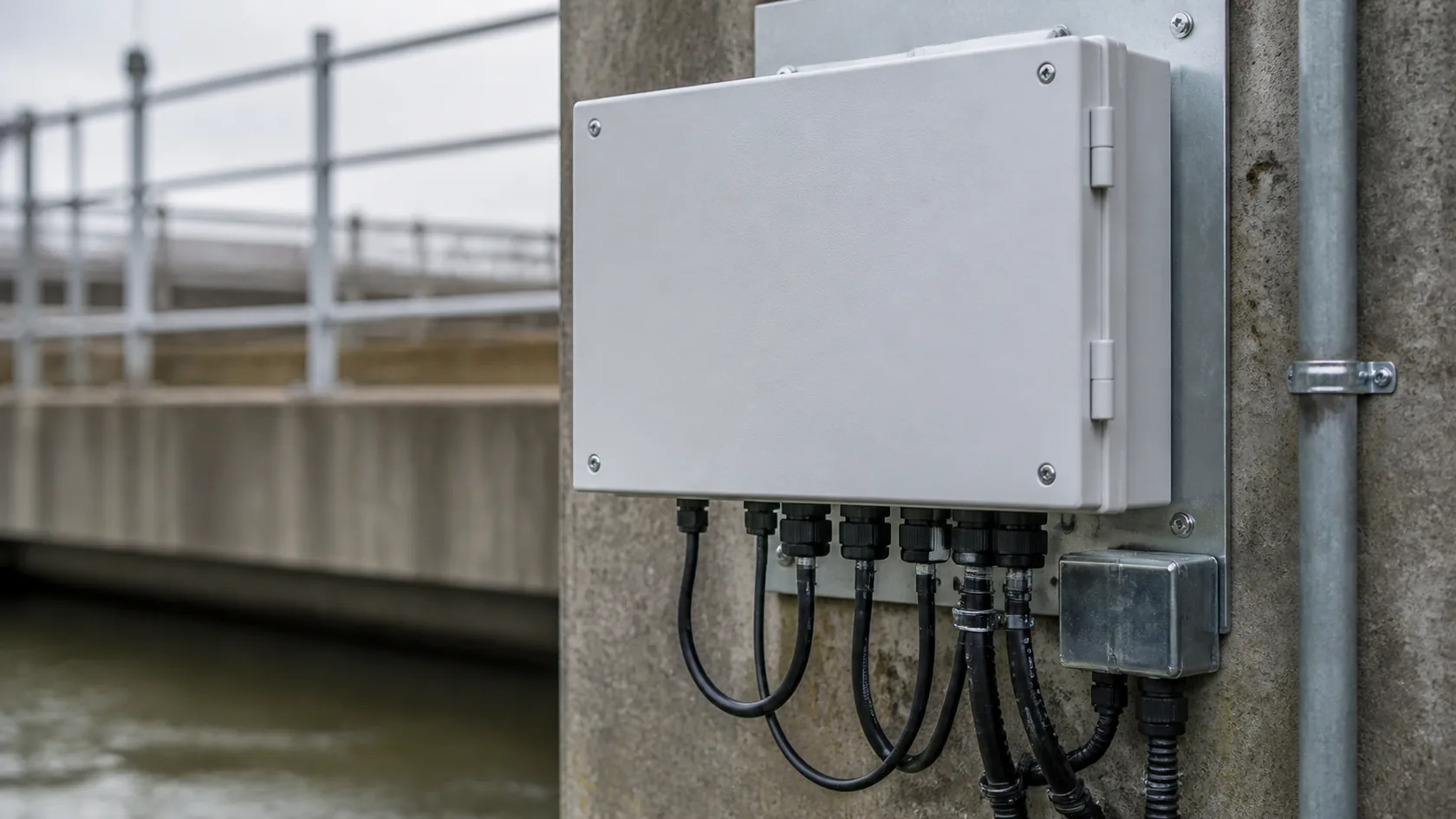 Installed outdoor enclosure with sealed cable glands and connectors