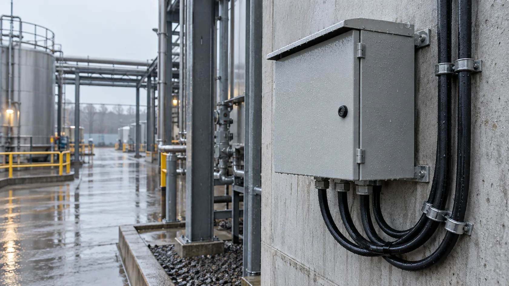 Outdoor industrial enclosure installed with downward cable routing