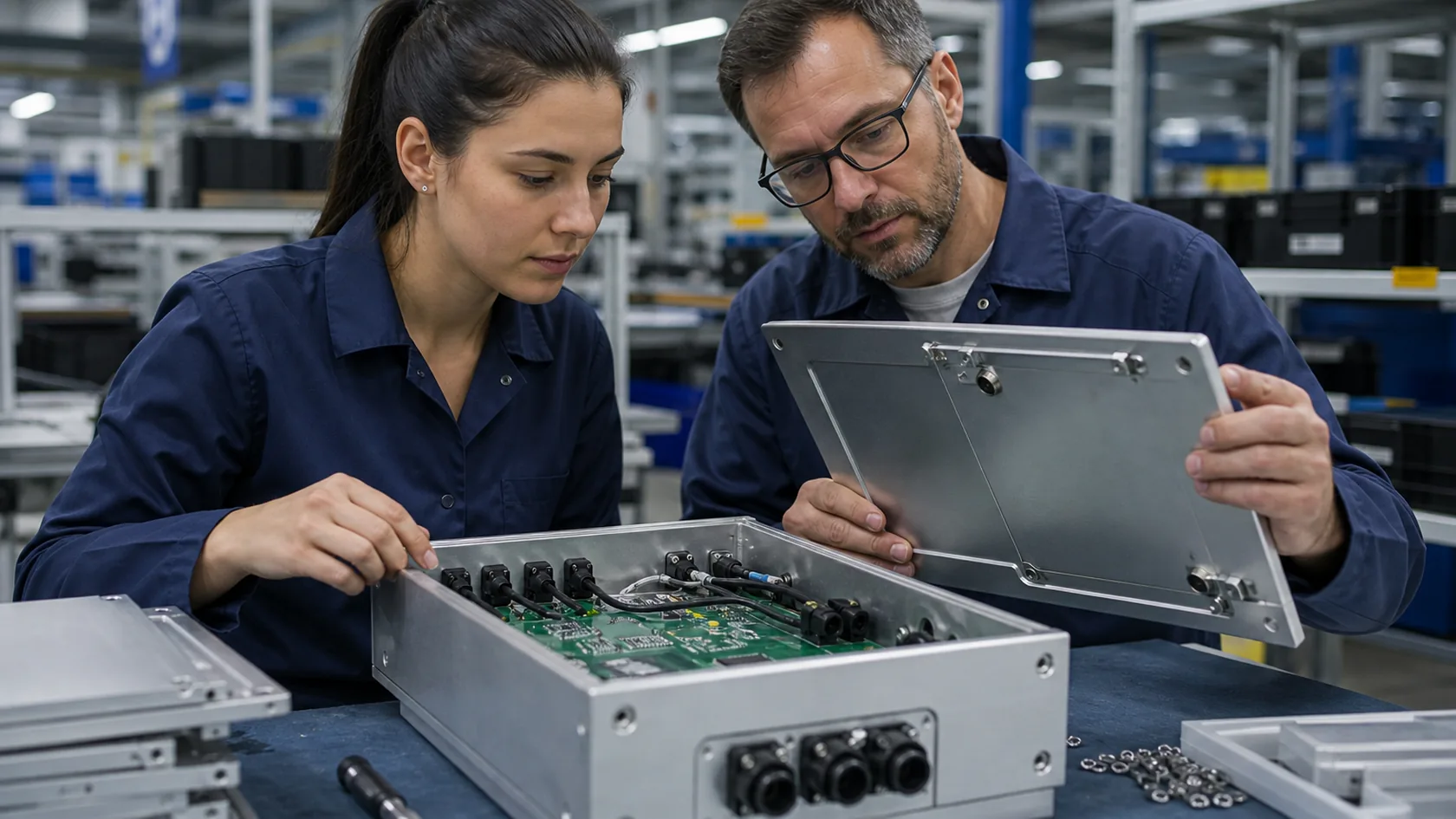 Factory team inspecting a production-intent custom enclosure sample