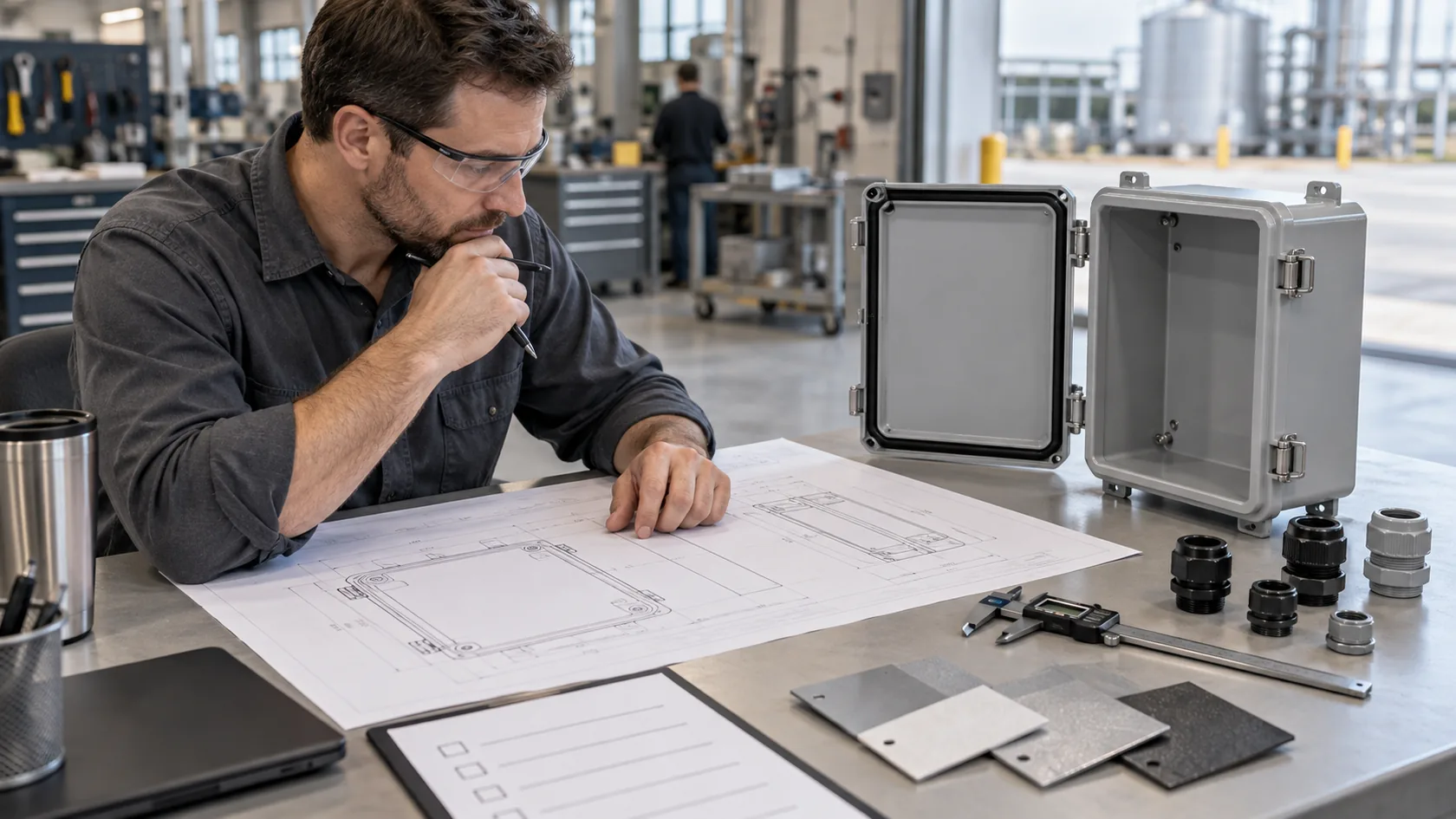 Engineer reviewing enclosure drawing cable glands and material samples before release