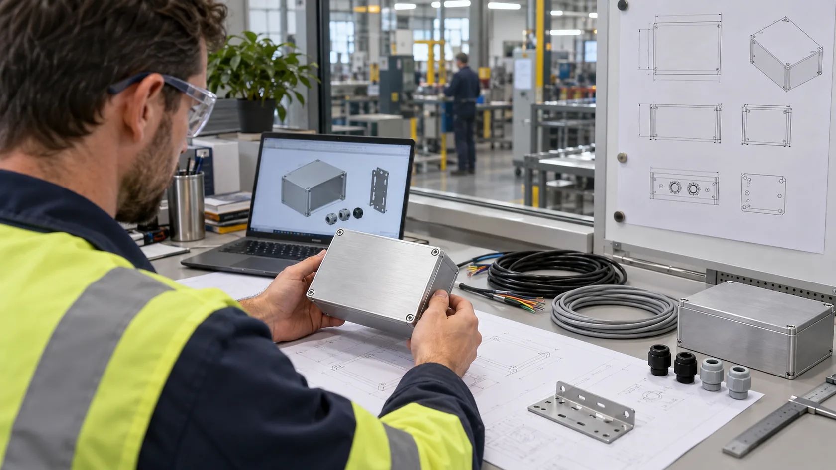 Engineer reviewing enclosure drawing, mounting orientation, and cable-entry requirements