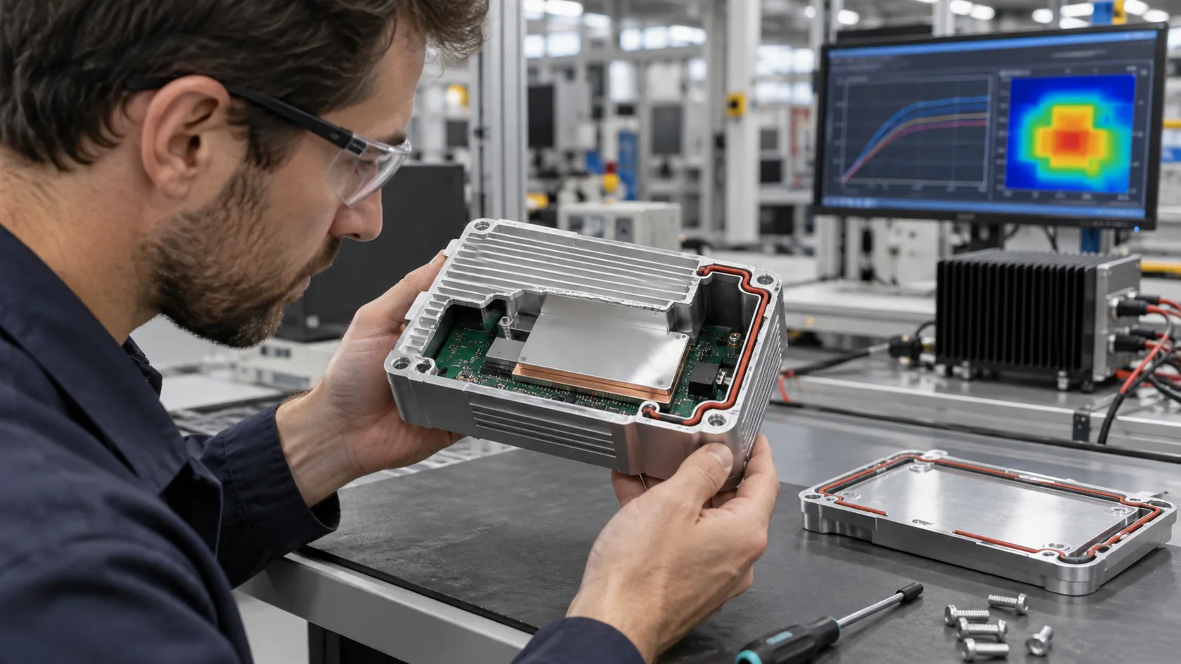 Engineer inspecting thermal path and gasket design in an electronic enclosure