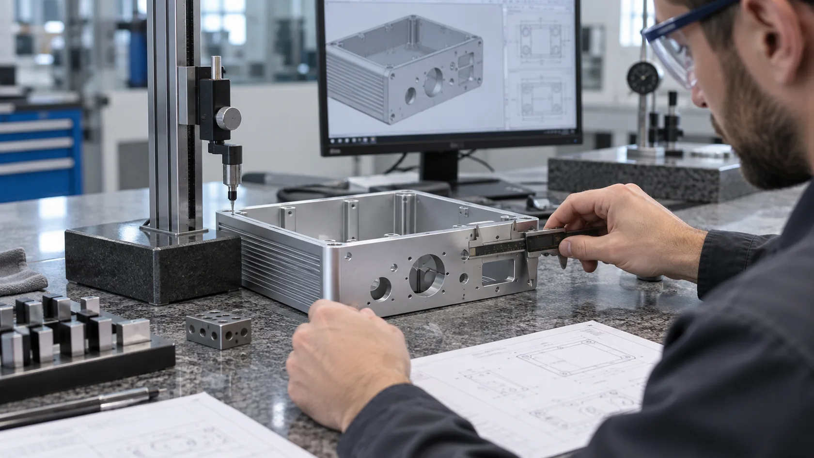 Quality technician measuring enclosure datums and connector cutouts