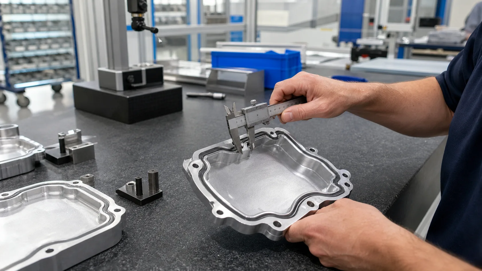 Factory engineer checking enclosure sealing details before production