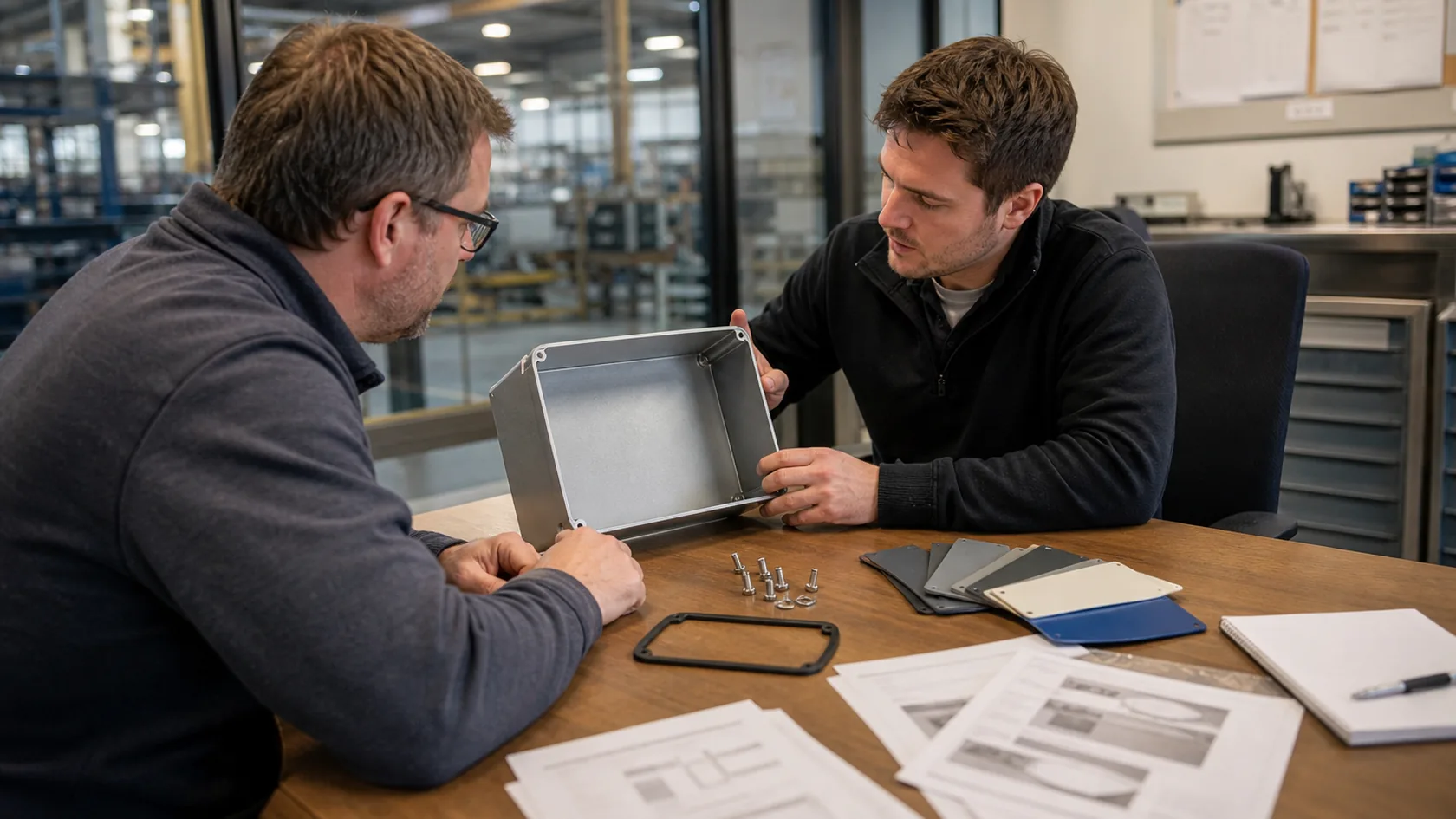 Buyer and factory engineer comparing a complete enclosure quote