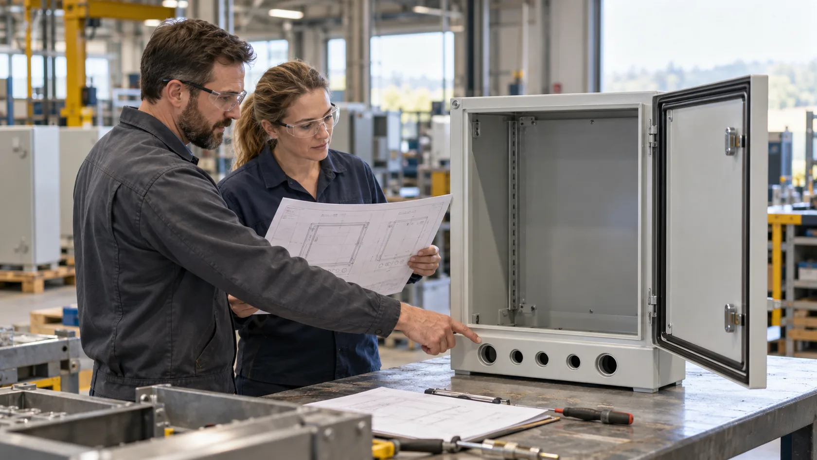 Engineers reviewing a custom enclosure drawing at final inspection