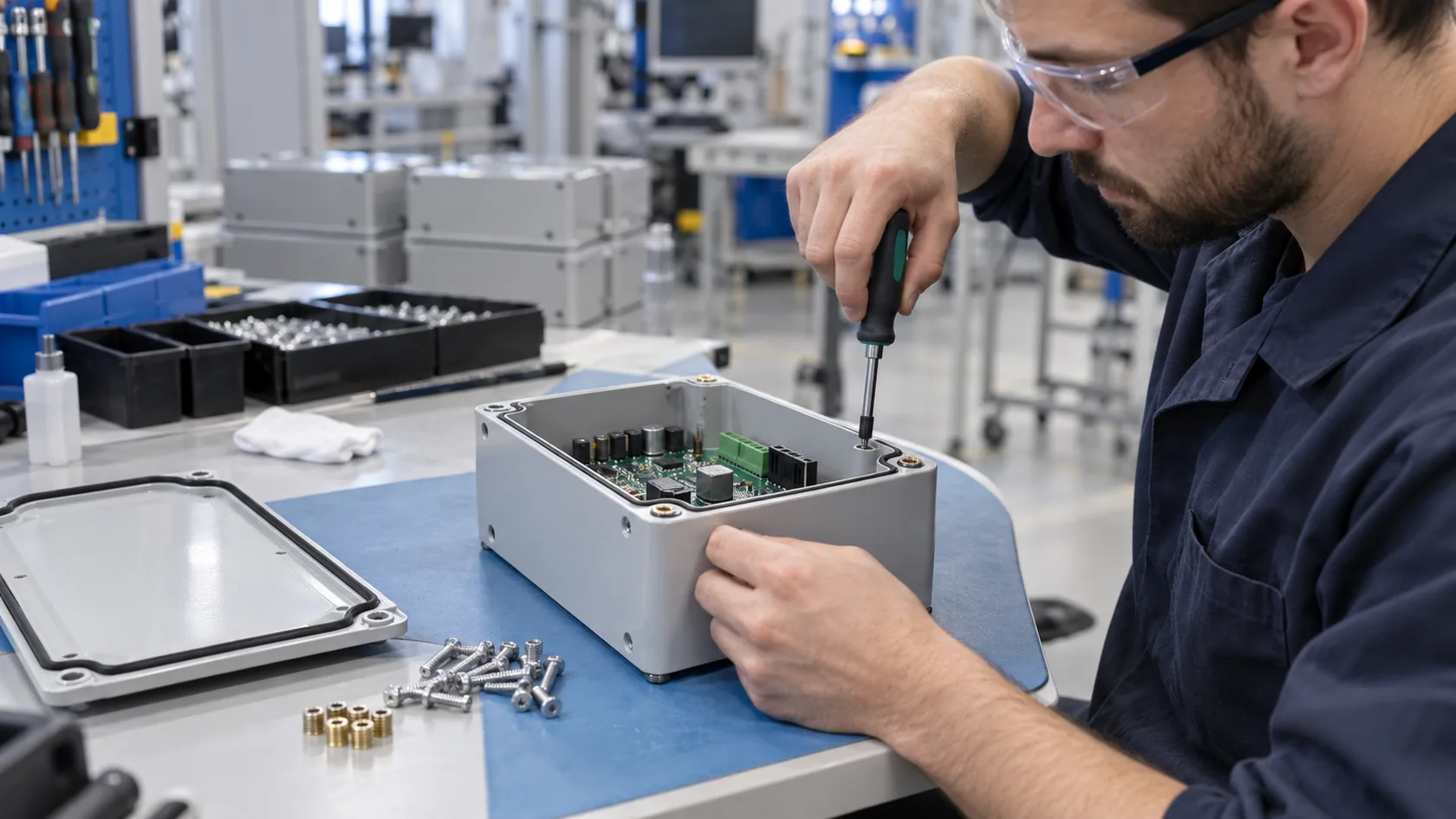 Technician assembling a powder-coated enclosure with inserts and gasket