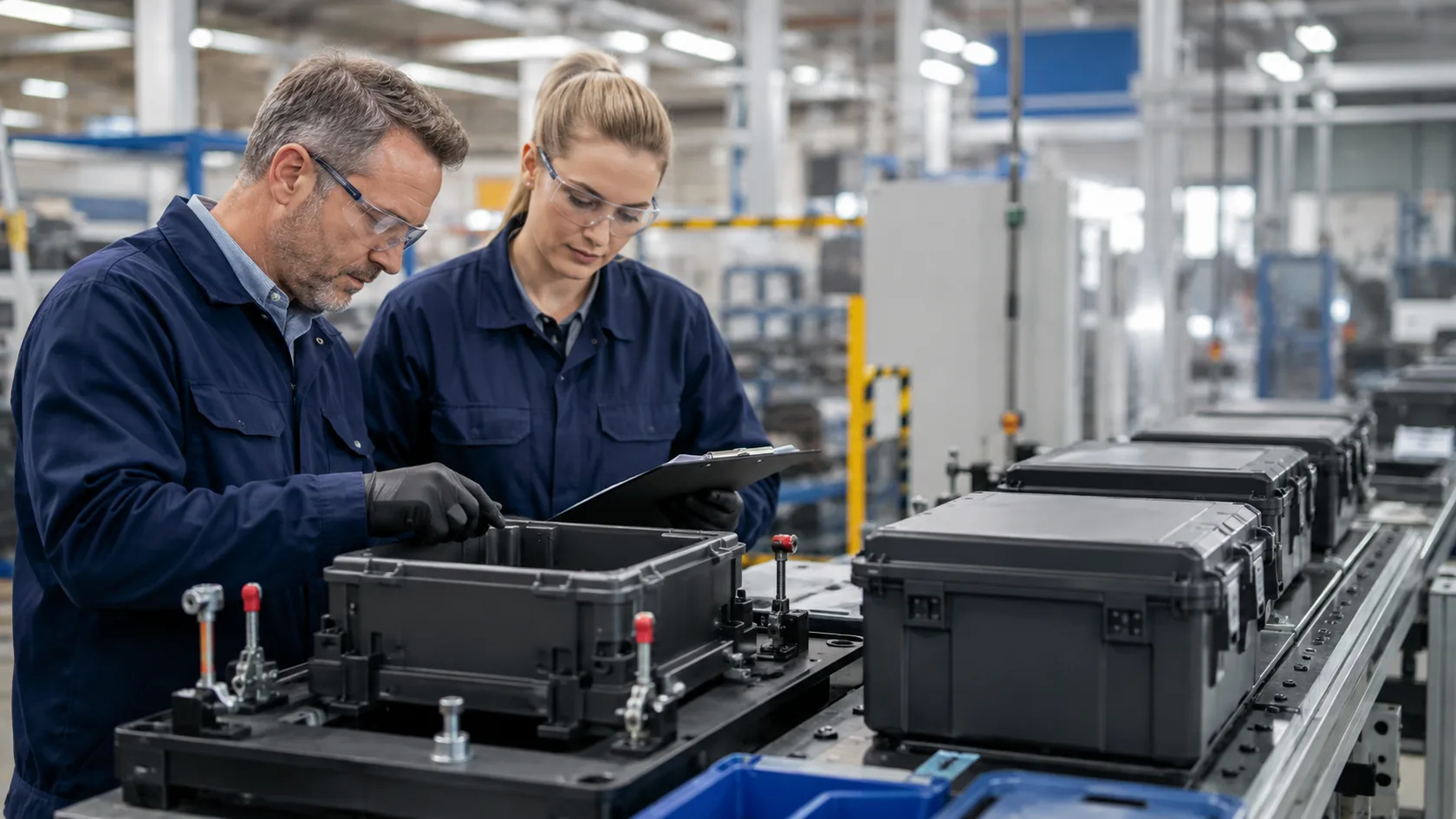 Factory quality team using an assembly fixture and inspection record for sealed enclosures