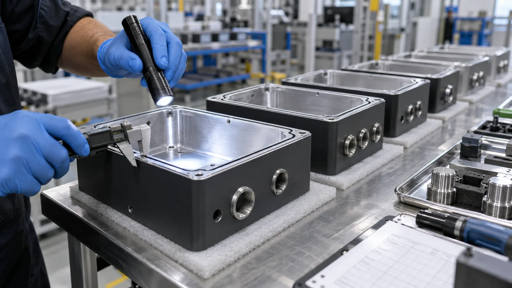 Factory technician inspecting enclosure sealing surfaces during quality control