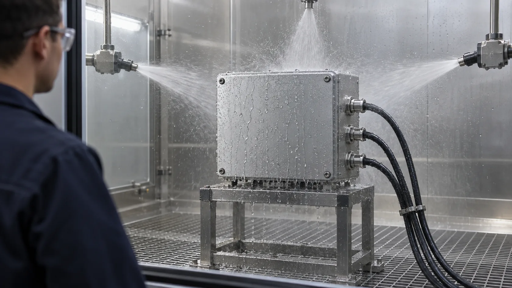 Fully assembled industrial enclosure being inspected in a controlled water-ingress test