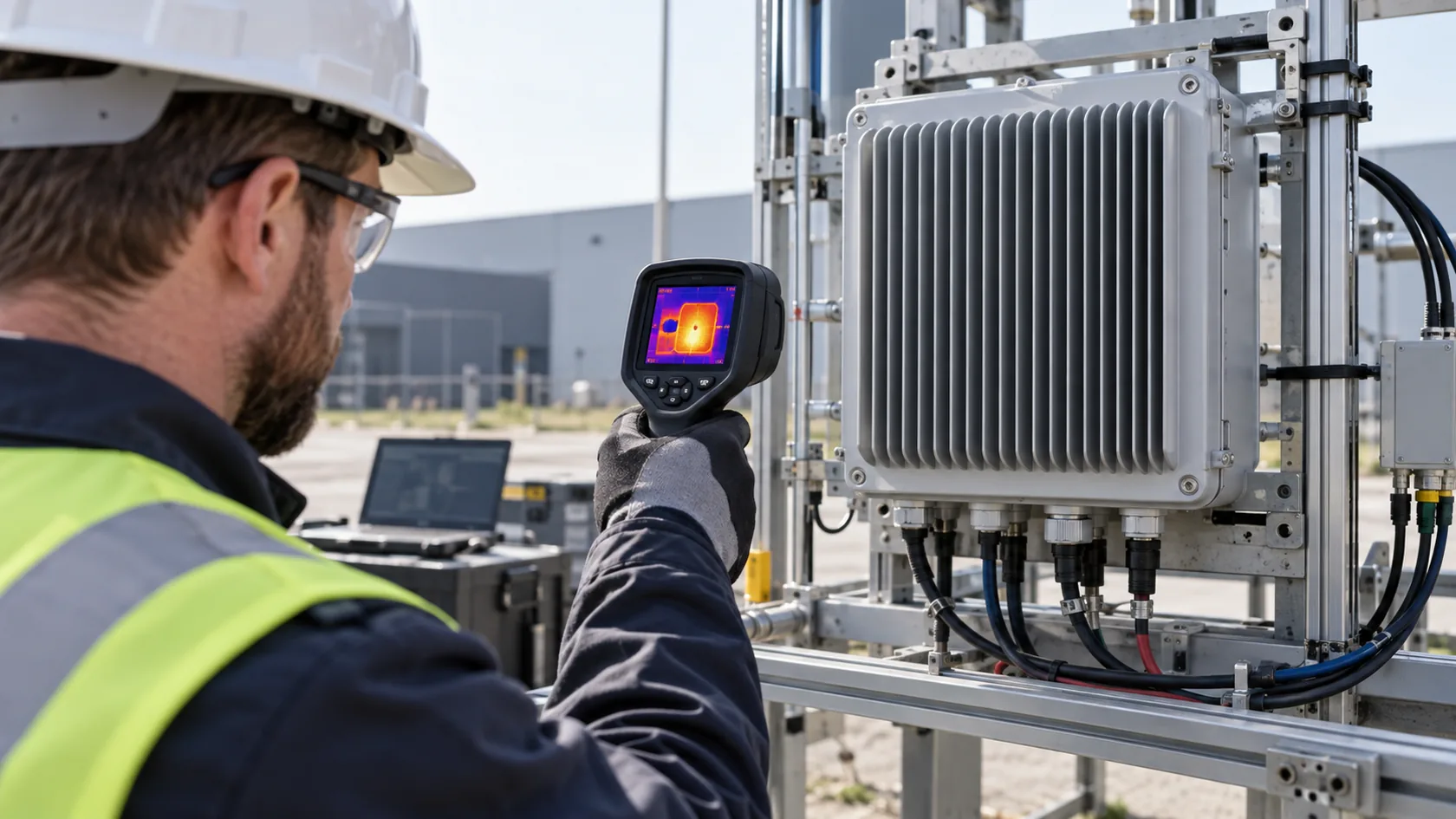 Thermal engineer evaluating a sealed outdoor electronics enclosure with heat path