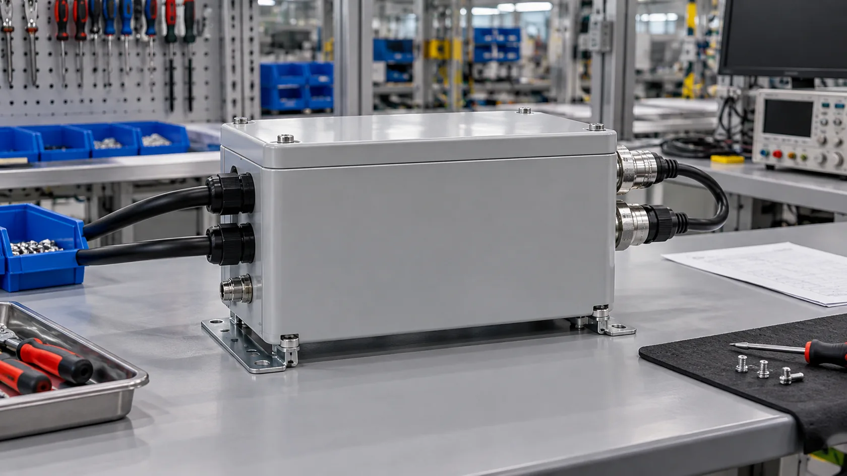 Completed industrial enclosure assembly prepared for final verification