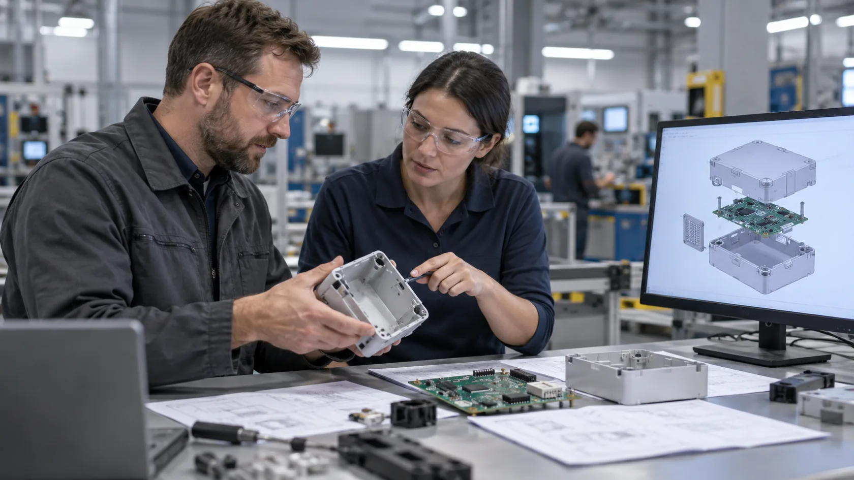 Engineering team conducting an enclosure design for manufacturability review