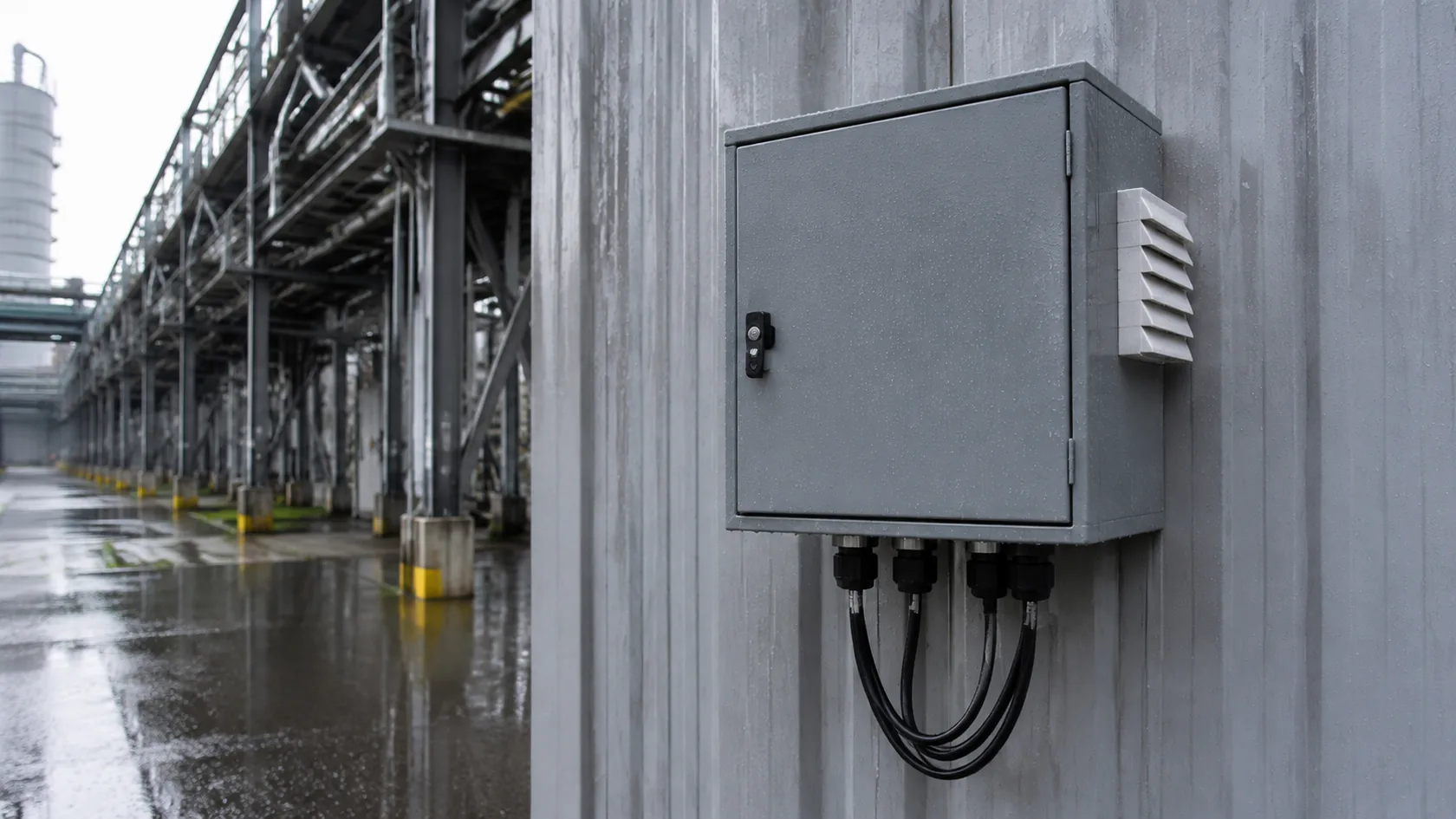 Outdoor control enclosure with cable glands drip loop compression latch and protected vent