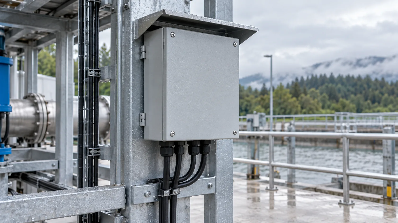 Finished sealed aluminum enclosure installed with correctly fitted cables and weather protection