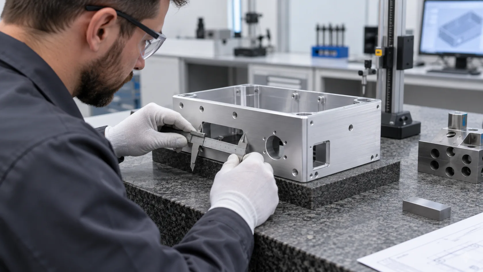 Quality technician measuring enclosure connector cutout and reference datums