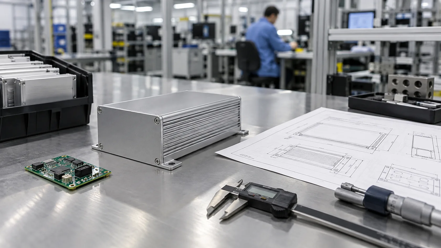 Completed custom enclosure beside production drawing and inspection tools
