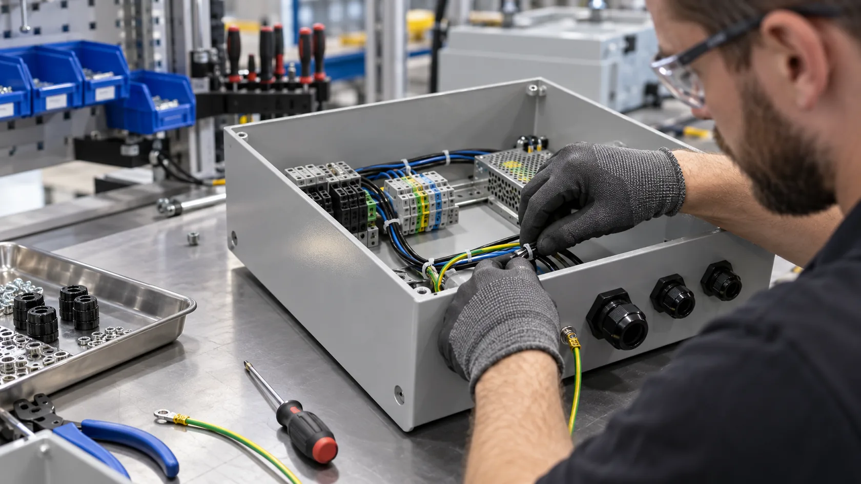 Technician assembling cable glands and grounding hardware on an enclosure