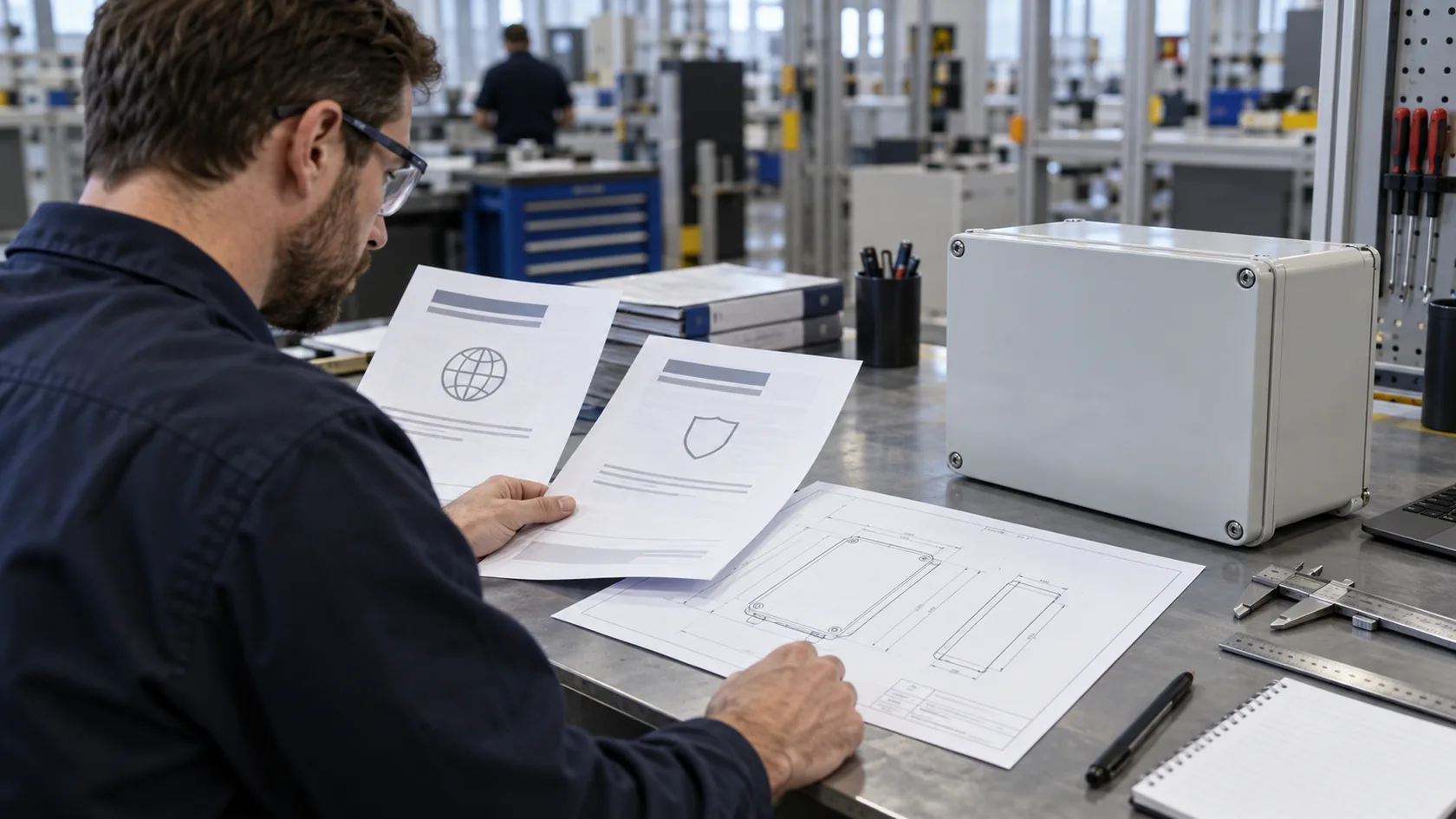 Engineer comparing NEMA Type 4X and IEC IP rating documents beside an enclosure drawing