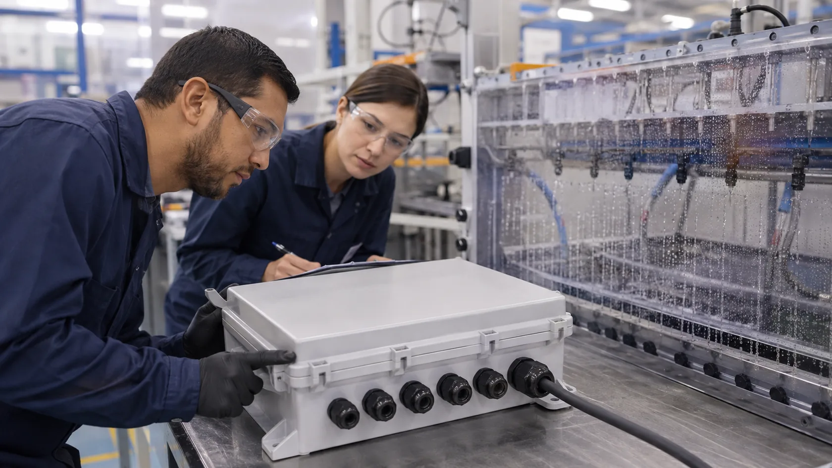 Production team inspecting assembled enclosure gasket seating cable glands and water-test fixture