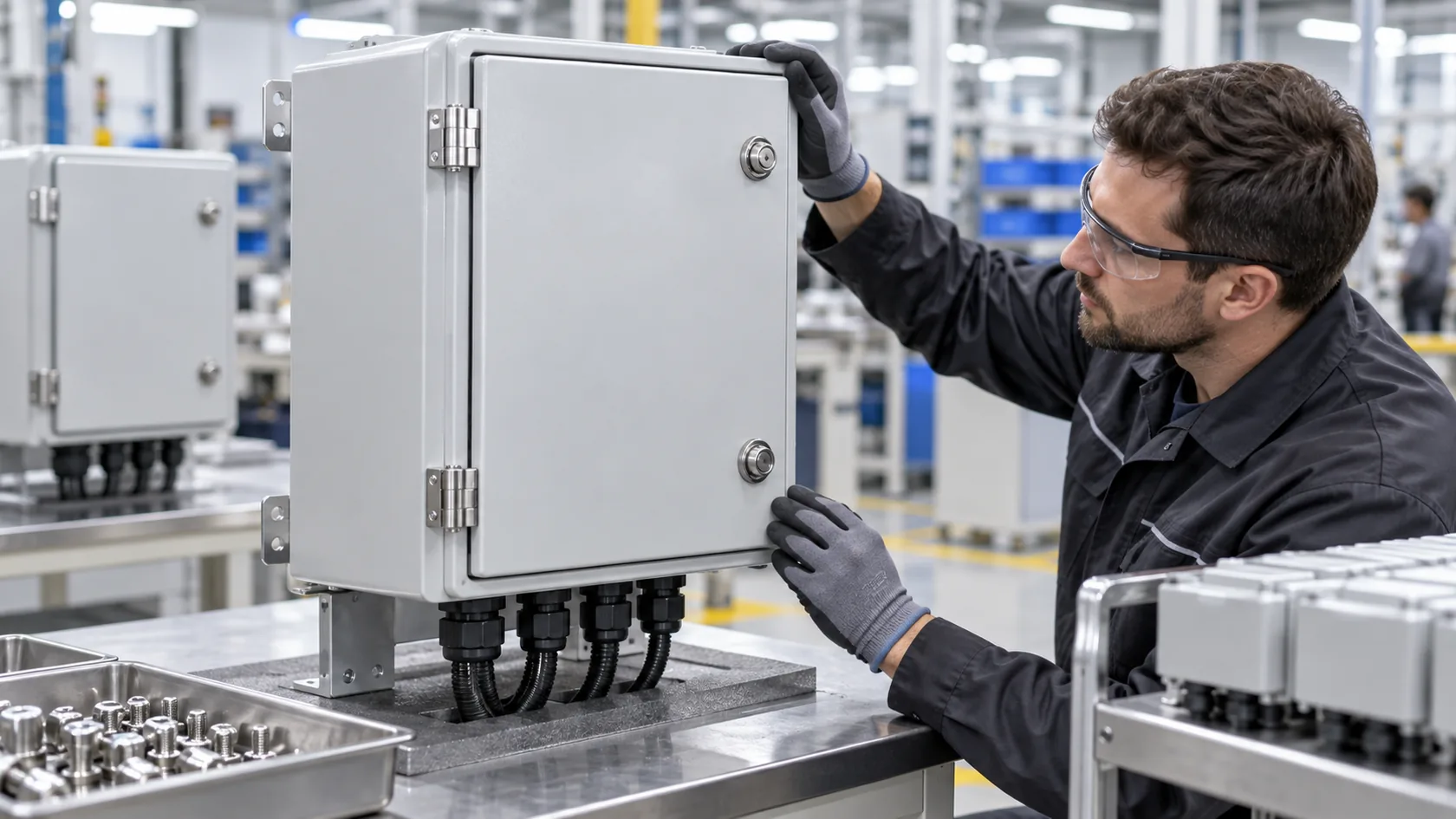 Final quality inspection of a corrosion-resistant custom outdoor electrical enclosure