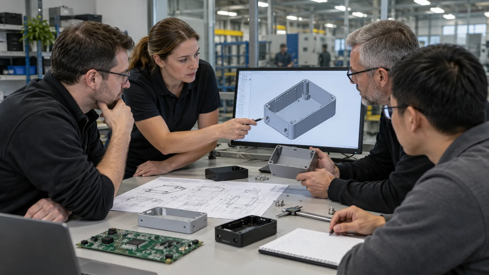 Engineering team performing enclosure design for manufacturability review