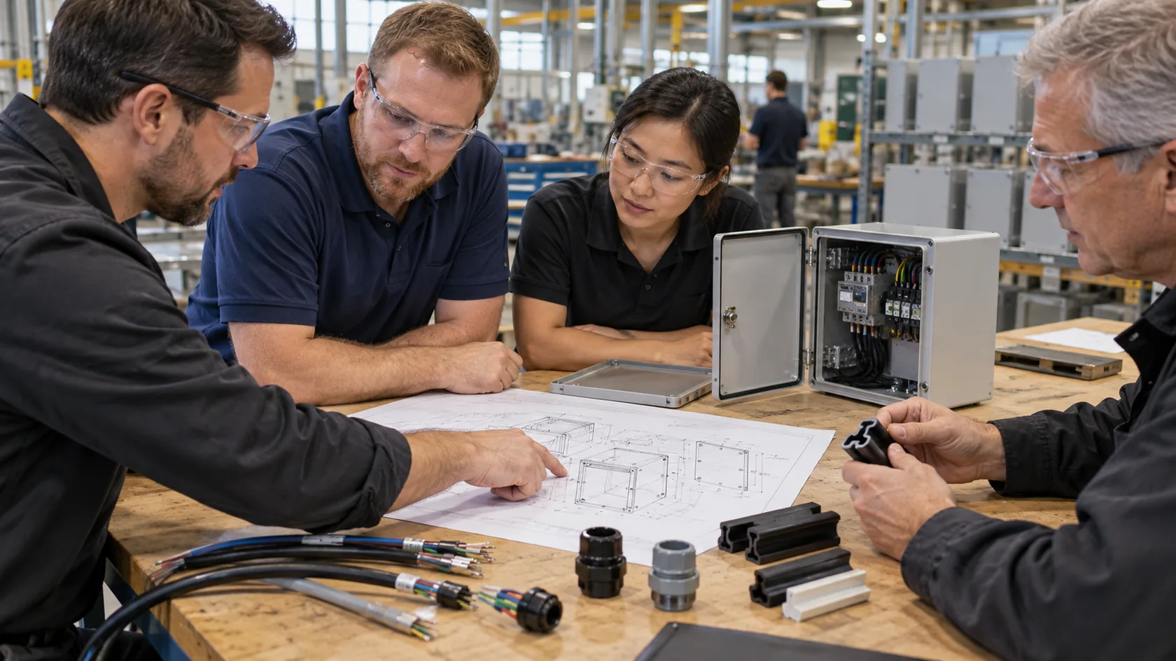 Factory engineering team reviewing custom enclosure protection requirements