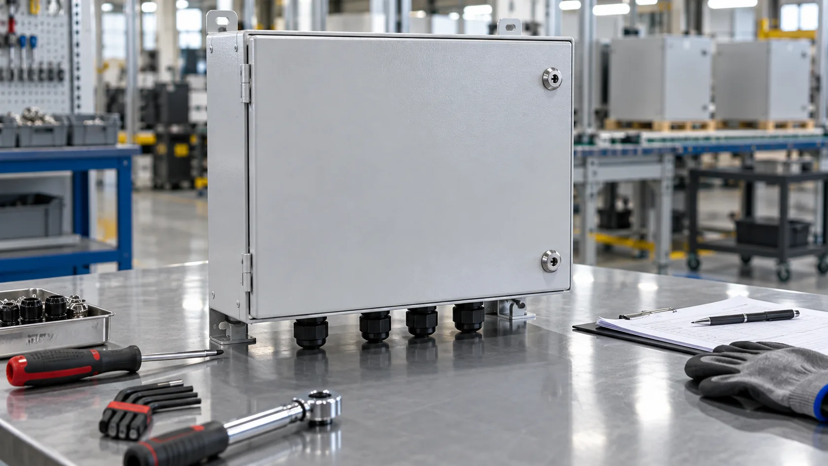 Completed custom industrial enclosure during final quality inspection