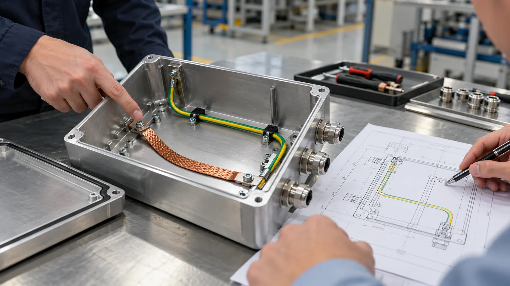 Engineering team reviewing a grounded metal enclosure sample beside a wiring diagram