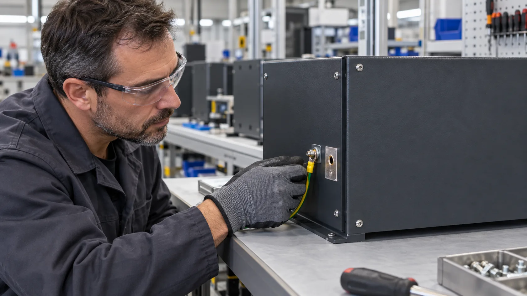 Factory technician inspecting a dedicated grounding point on a powder-coated steel enclosure