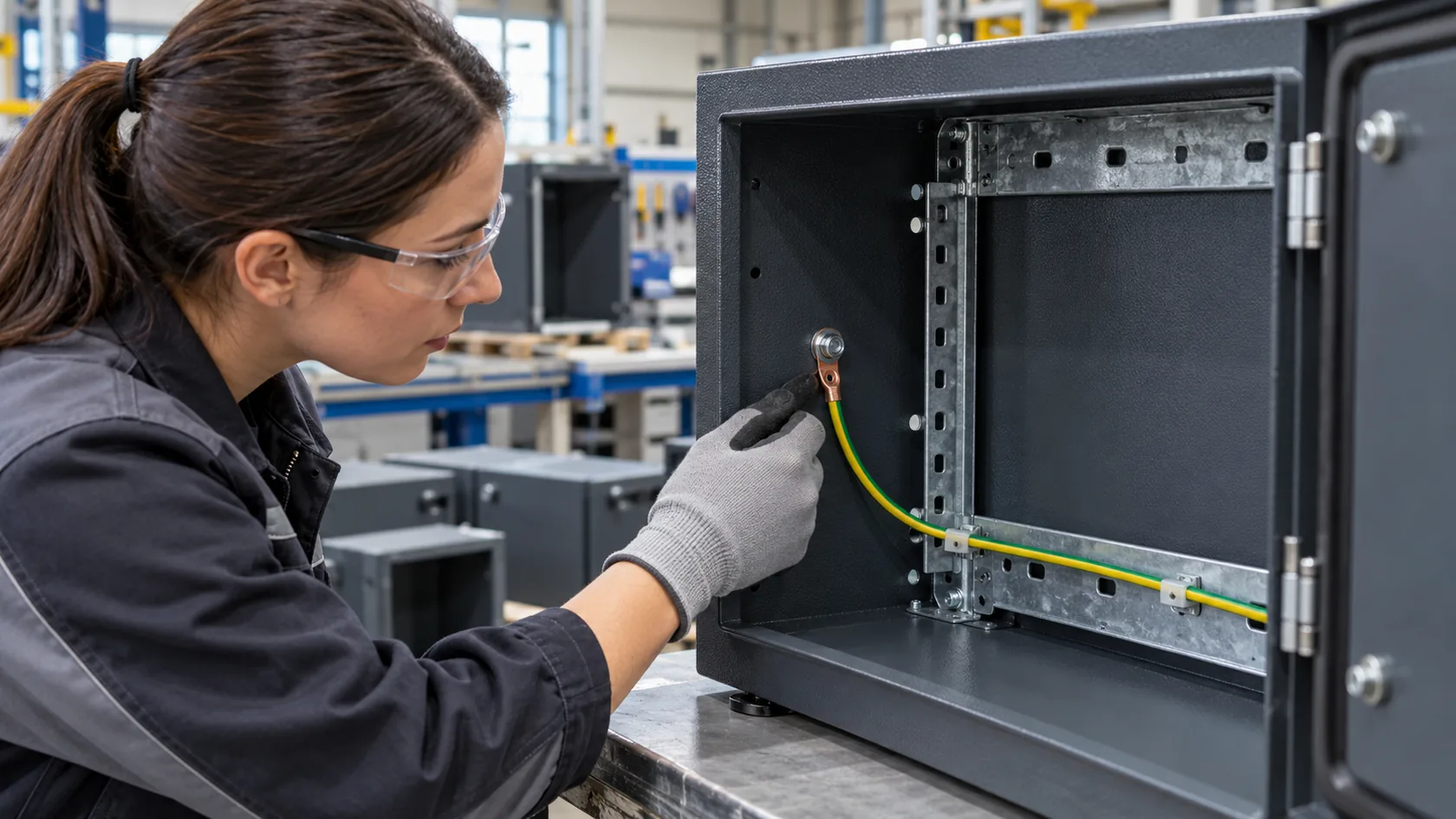 Technician inspecting a dedicated grounding point inside a powder-coated industrial enclosure