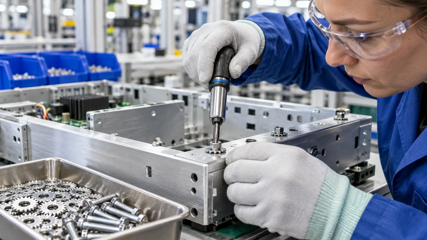 Factory technician comparing enclosure bonding hardware at a first-article inspection